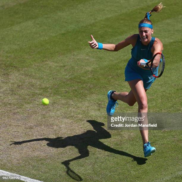 Petra Kvitova of the Czech Republic plays a forehand during her singles Final match against Magdalena Rybarikova of Slovakia during day nine of the...