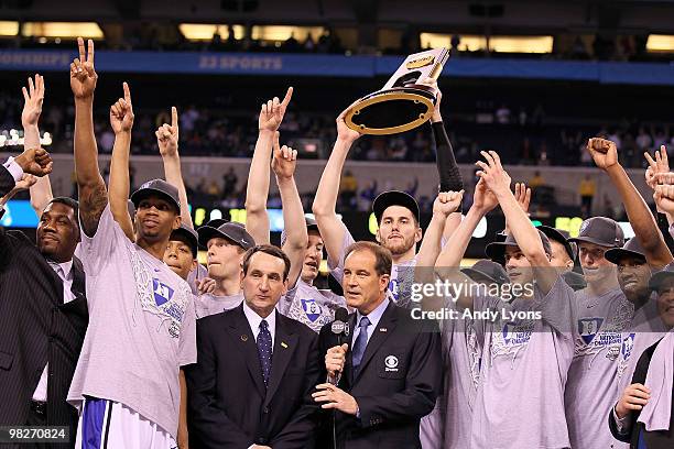 Head coach Mike Krzyzewski and the Duke Blue Devils celebrate after their 61-59 win against the Butler Bulldogs during the 2010 NCAA Division I Men's...