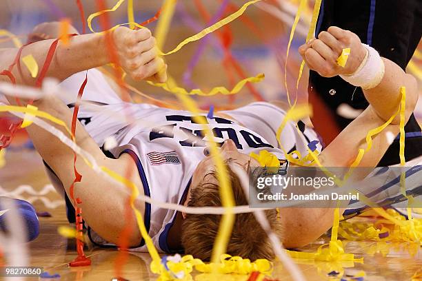 Kyle Singler of the Duke Blue Devils celebrates their 61-59 win against the Butler Bulldogs during the 2010 NCAA Division I Men's Basketball National...