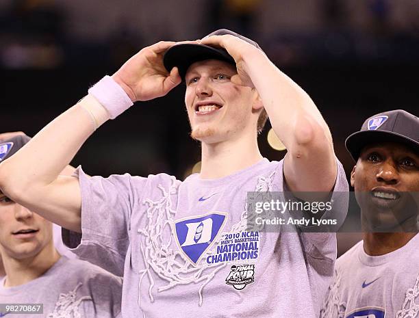 Kyle Singler and Nolan Smith of the Duke Blue Devils celebrate after the Blue Devils defeat the Butler Bulldogs 61-59 in the 2010 NCAA Division I...