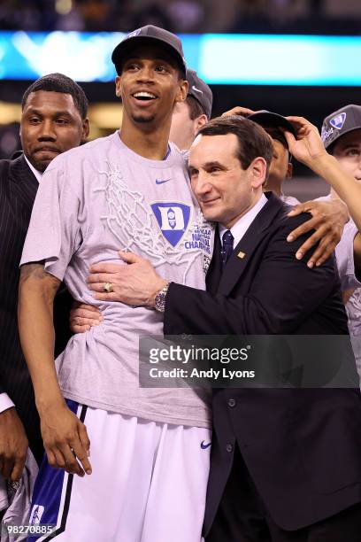 Head coach Mike Krzyzewski and Lance Thomas of of the Duke Blue Devils celebrate after their 61-59 win against the Butler Bulldogs during the 2010...