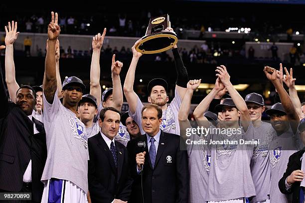 The Duke Blue Devils celebrate with the trophy after they won 61-59 against the Butler Bulldogs during the 2010 NCAA Division I Men's Basketball...