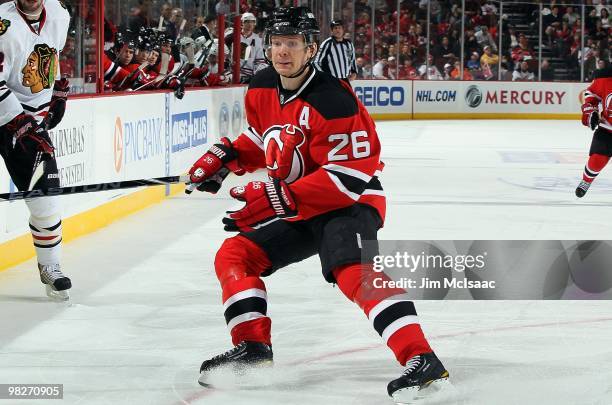 Patrik Elias of the New Jersey Devils skates against the Chicago Blackhawks at the Prudential Center on April 2, 2010 in Newark, New Jersey. The...