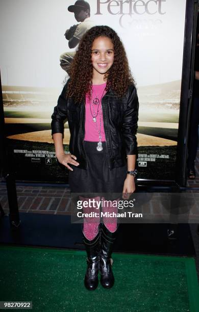 Madison Pettis arrives to the Los Angeles premiere of "The Perfect Game" held at Pacific Theaters at the Grove on April 5, 2010 in Los Angeles,...