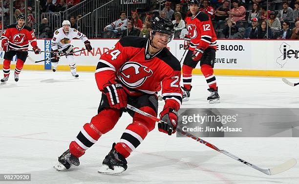 Bryce Salvador of the New Jersey Devils skates against the Chicago Blackhawks at the Prudential Center on April 2, 2010 in Newark, New Jersey. The...