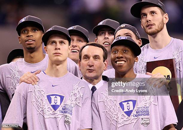 Head coach Mike Krzyzewski and the Duke Blue Devils celebrate after their 61-59 win against the Butler Bulldogs during the 2010 NCAA Division I Men's...