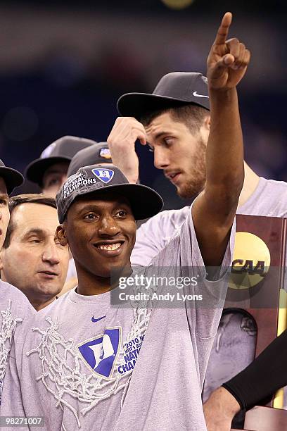 Nolan Smith of the Duke Blue Devils celebrates their 61-59 win against the Butler Bulldogs during the 2010 NCAA Division I Men's Basketball National...