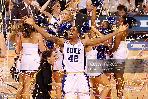 Lance Thomas of the Duke Blue Devils celebrates after the Blue Devils defeat the Butler Bulldogs 61-59 in the 2010 NCAA Division I Men's Basketball...