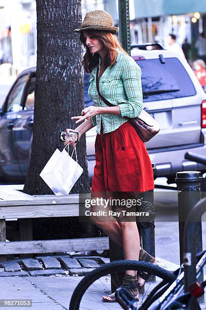 Model Helena Christensen enters her West Village home on April 05, 2010 in New York City.