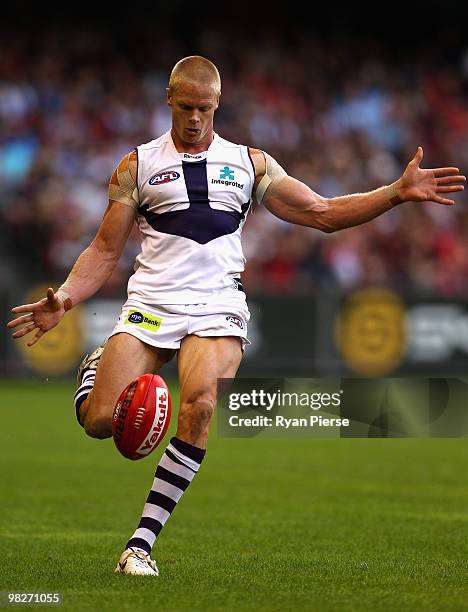 Adam McPhee of the Dockers kicks during the round two AFL match between the Essendon Bombers and the Fremantle Dockers at Etihad Stadium on April 4,...