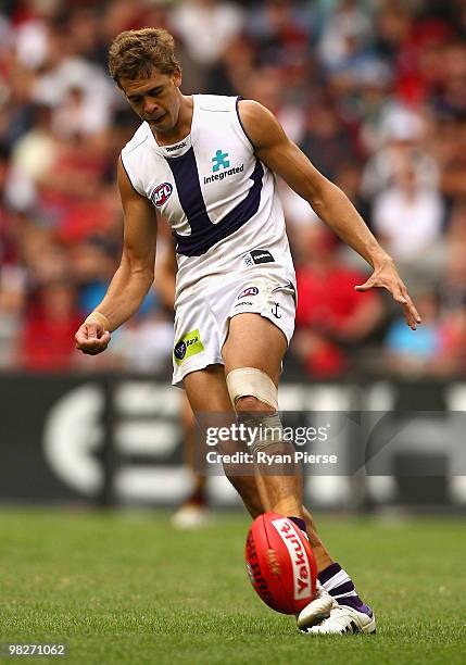 Stephen Hill of the Dockers kicks during the round two AFL match between the Essendon Bombers and the Fremantle Dockers at Etihad Stadium on April 4,...