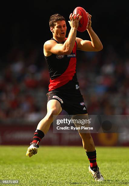 Ben Howlett of the Bombers marks during the round two AFL match between the Essendon Bombers and the Fremantle Dockers at Etihad Stadium on April 4,...