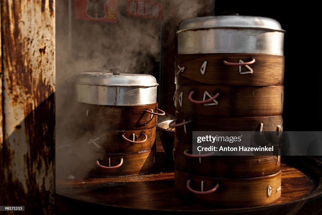 Bamboo steamers with mantou, Beijing