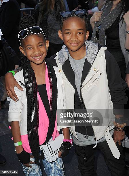 Actors Jaden Smith and Willow Smith arrive at the Los Angeles premiere of "The Perfect Game" in the Pacific Theaters at the Grove on April 5, 2010 in...