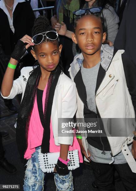 Actors Jaden Smith and Willow Smith arrive at the Los Angeles premiere of "The Perfect Game" in the Pacific Theaters at the Grove on April 5, 2010 in...