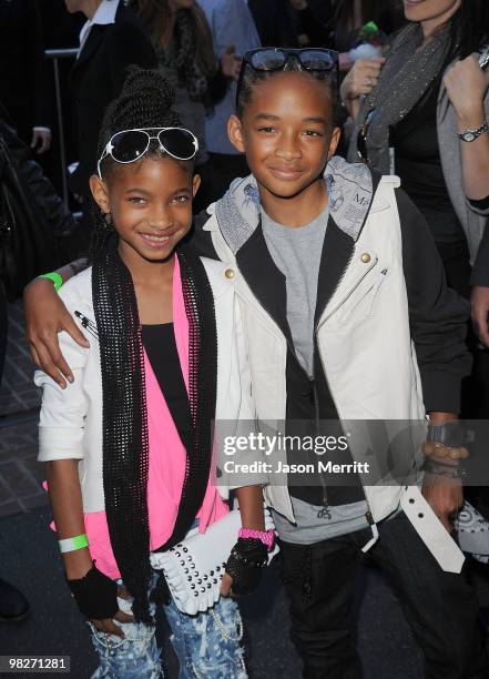 Actors Jaden Smith and Willow Smith arrive at the Los Angeles premiere of "The Perfect Game" in the Pacific Theaters at the Grove on April 5, 2010 in...