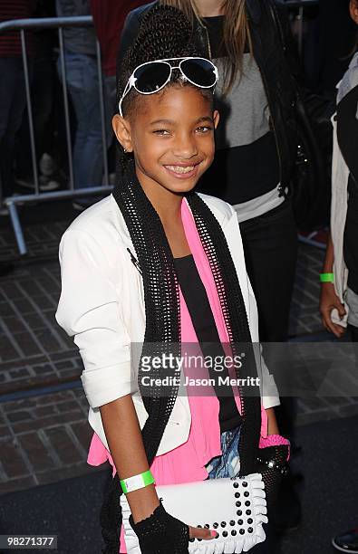 Actress Willow Smith arrives at the Los Angeles premiere of "The Perfect Game" in the Pacific Theaters at the Grove on April 5, 2010 in Los Angeles,...