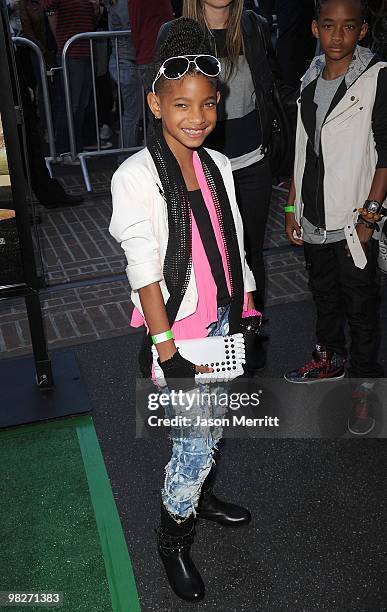 Actress Willow Smith arrives at the Los Angeles premiere of "The Perfect Game" in the Pacific Theaters at the Grove on April 5, 2010 in Los Angeles,...