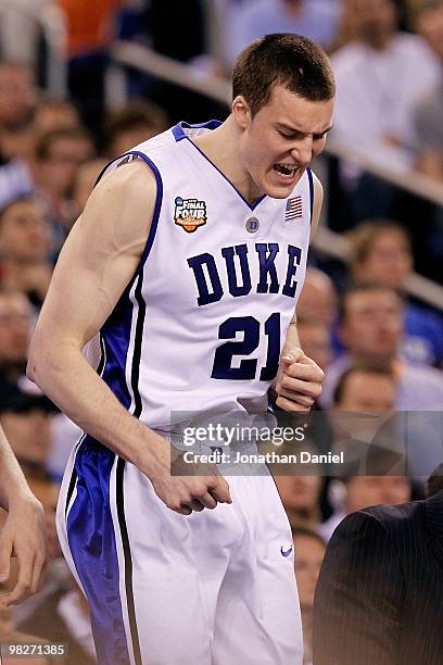 Miles Plumlee of the Duke Blue Devils reacts in the second half against the Butler Bulldogs during the 2010 NCAA Division I Men's Basketball National...