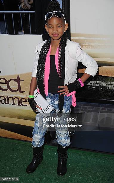 Actress Willow Smith arrives at the Los Angeles premiere of "The Perfect Game" in the Pacific Theaters at the Grove on April 5, 2010 in Los Angeles,...