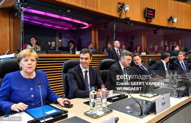 German Chancellor Angela Merkel, Spanish Prime Minister Pedro Sanchez, Croatian Prime Minister Andrej Plenkovic, Luxembourg's Prime Minister Xavier...