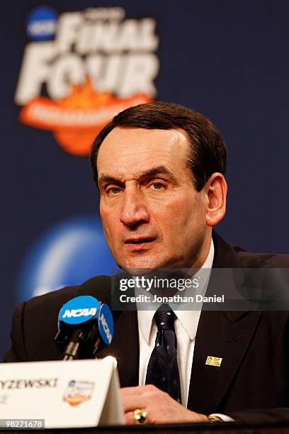 Head coach Mike Krzyzewski of the Duke Blue Devils speaks during the post game press conference after Duke won 61-59 against the Butler Bulldogs...