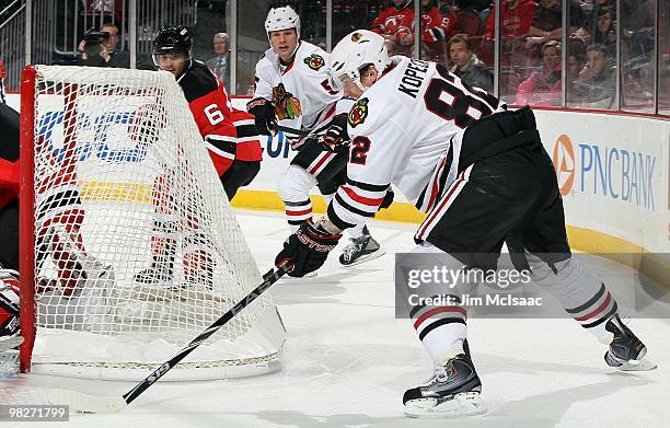 Tomas Kopecky of the Chicago Blackhawks skates against the New Jersey Devils at the Prudential Center on April 2, 2010 in Newark, New Jersey. The...