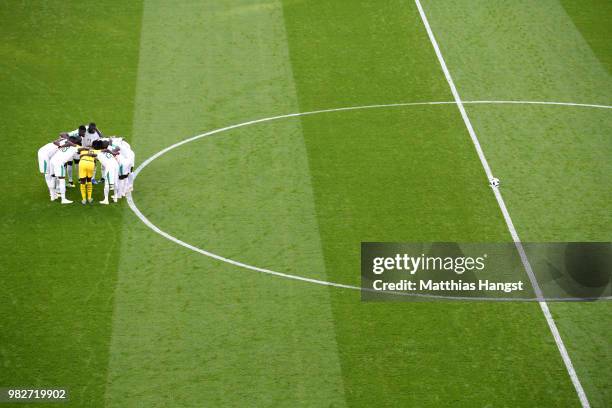 Senegal team huddle prior to the 2018 FIFA World Cup Russia group H match between Japan and Senegal at Ekaterinburg Arena on June 24, 2018 in...