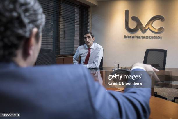 Juan Pablo Cordoba, chief executive officer of Bolsa de Valores de Colombia , listens during an interview at the BVC offices in Bogota, Colombia, on...
