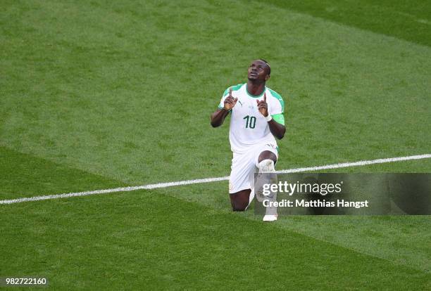 Sadio Mane of Senegal celebrates after scoring his team's first goal during the 2018 FIFA World Cup Russia group H match between Japan and Senegal at...