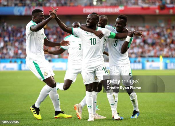 Sadio Mane of Senegal celebrates with teammates after scoring his team's first goal during the 2018 FIFA World Cup Russia group H match between Japan...