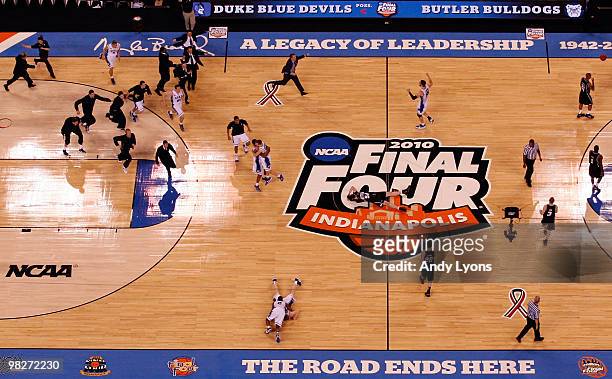 The Duke Blue Devils celebrate on court after they won 61-49 against the Butler Bulldogs during the 2010 NCAA Division I Men's Basketball National...