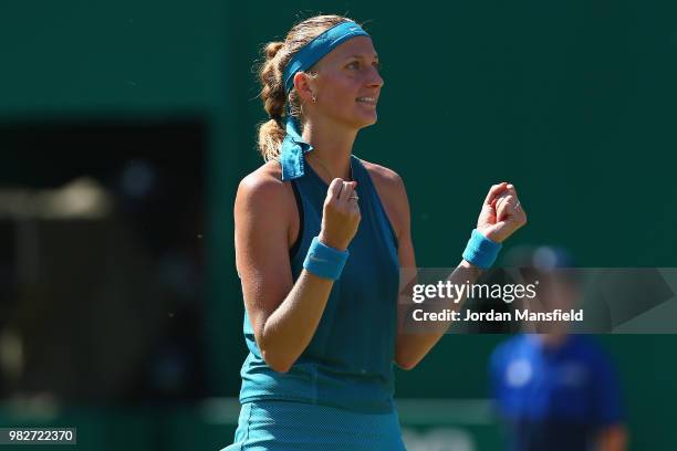 Petra Kvitova of the Czech Republic celebrates at match point after her victory in her singles Final match against Magdalena Rybarikova of Slovakia...