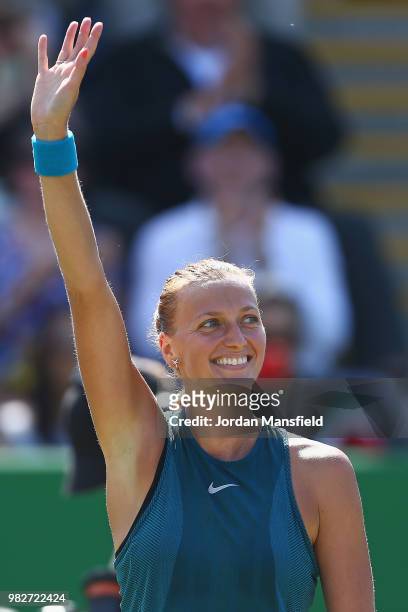 Petra Kvitova of the Czech Republic waves to the crowd after her victory in her singles Final match against Magdalena Rybarikova of Slovakia during...