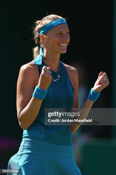 Petra Kvitova of the Czech Republic celebrates at match point after her victory in her singles Final match against Magdalena Rybarikova of Slovakia...