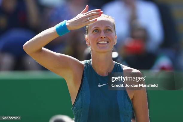 Petra Kvitova of the Czech Republic waves to the crowd after her victory in her singles Final match against Magdalena Rybarikova of Slovakia during...