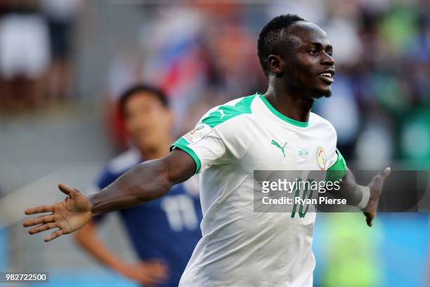 Sadio Mane of Senegal celebrates after scoring his team's first goal during the 2018 FIFA World Cup Russia group H match between Japan and Senegal at...