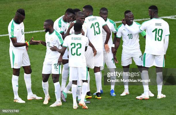 Sadio Mane of Senegal celebrates with teammates after scoring his team's first goal during the 2018 FIFA World Cup Russia group H match between Japan...