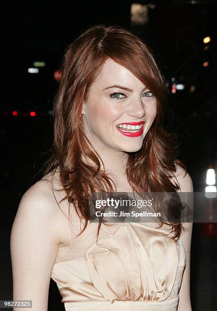 Emma Stone attends the Cinema Society with UGG & Suffolk County Film Commission's screening of "Paper Man" at the Crosby Street Hotel on April 5,...