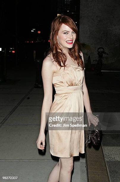 Emma Stone attends the Cinema Society with UGG & Suffolk County Film Commission's screening of "Paper Man" at the Crosby Street Hotel on April 5,...