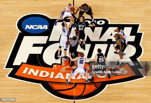 General view of the opening tipoff between Matt Howard of the Butler Bulldogs and Brian Zoubek of the Duke Blue Devils during the 2010 NCAA Division...