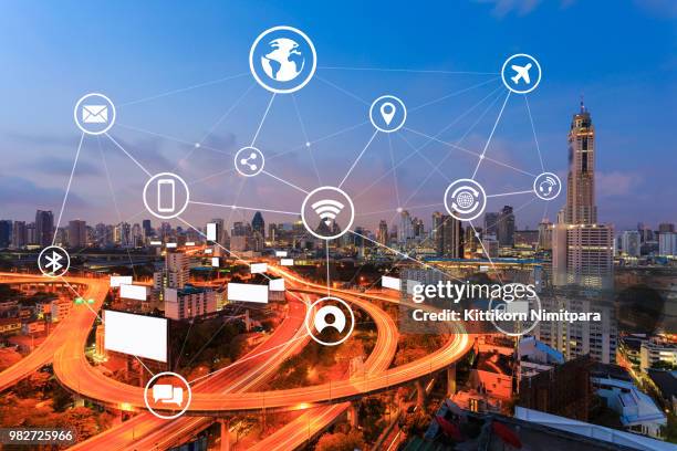 smart city and wireless communication network, business district,abstract image visual internet of thing concept. - bangkok map stock pictures, royalty-free photos & images