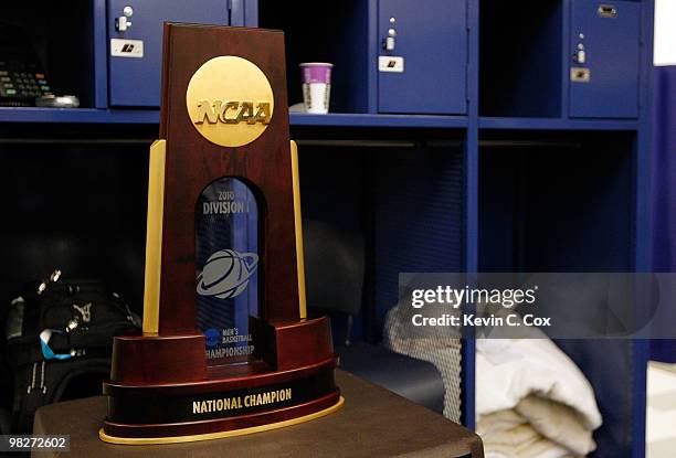 The national championship trophy sits in the Duke Blue Devils locker room after the Blue Devils won 61-59 against the Butler Bulldogs during the 2010...