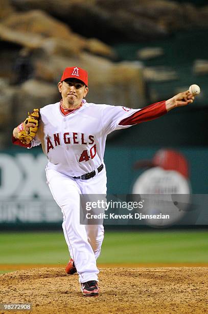 Pitcher Brian Fuentes of the Los Angeles Angels of Anaheim throws a pitch against the Minnesota Twins during their Opening Day game at Angel Stadium...