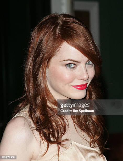 Emma Stone attends the Cinema Society with UGG & Suffolk County Film Commission's screening of "Paper Man" at the Crosby Street Hotel on April 5,...
