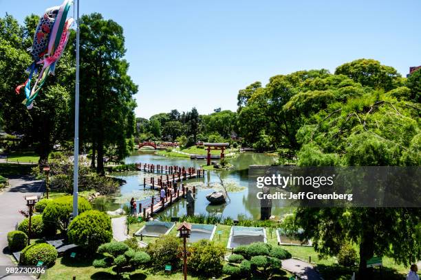 Argentina, Buenos Aires, Recoleta, Japanese Garden, Carp Lake and boardwalk.
