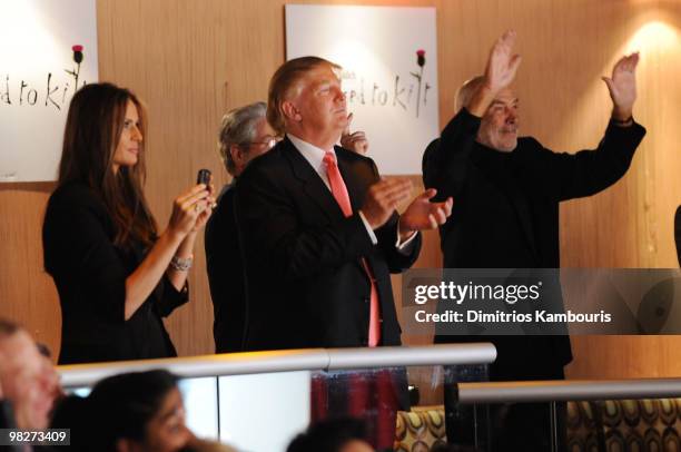 Melania Trump, Donald Trump and Sean Connery attend the 8th annual "Dressed To Kilt" Charity Fashion Show at M2 Ultra Lounge on April 5, 2010 in New...