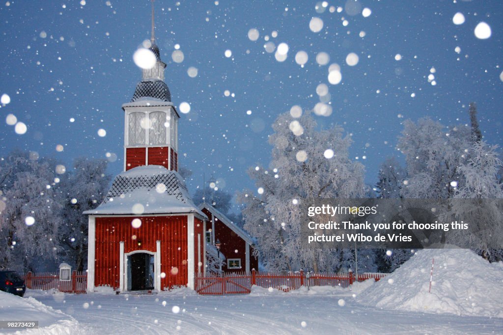 Jukkasjarvi church in the snow