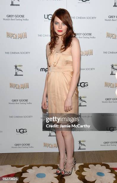 Emma Stone attends the Cinema Society with UGG & Suffolk County Film Commission's screening of "Paper Man" at the Crosby Street Hotel on April 5,...