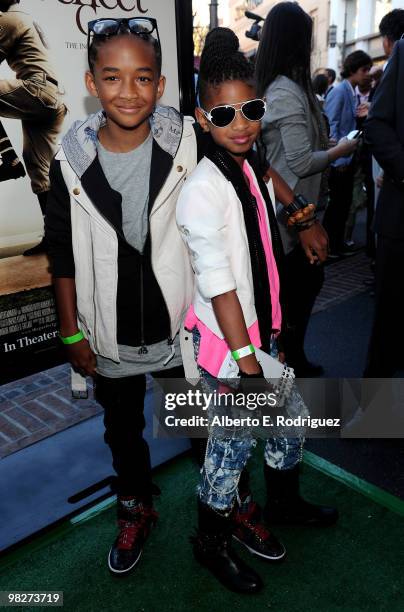 Actor Jaden Smith and actress Willow Smith arrive at the premiere of IndustryWorks' "The Perfect Game" on April 5, 2010 in Los Angeles, California.